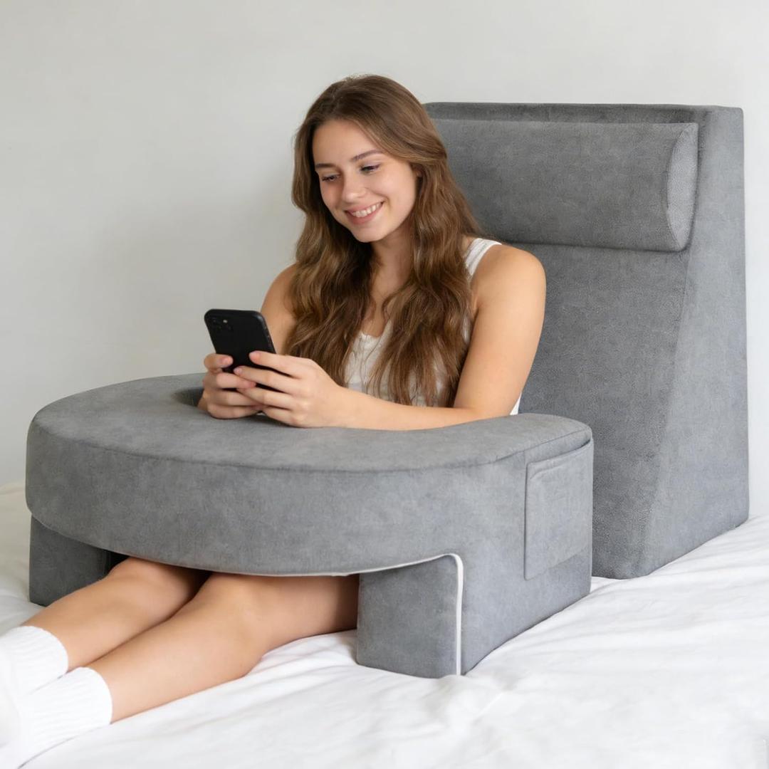 Reading Pillow Set for Adults 3-Piece - Ergonomic Back/Neck Support with Arms & Pockets - 26D High-Density Foam for Bed/Couch Reading Gaming Watching TV (Light Gray)