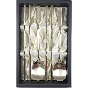 Korean Chopsticks Spoon 2 Set - METAL STAINLESS STEEL Titanium Plating -Printed Hangul Characters (Hangul-Gold)