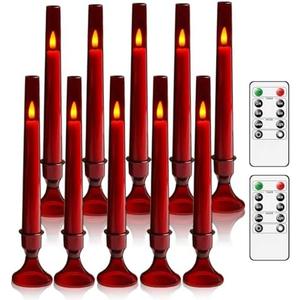 Nimiko 10 Pcs Flameless LED with Remote and Timer，Flickering Flame Taper Battery Operated Candles，Electric Taper Candles for Weddings, Parties, Holiday Decoration（Red）