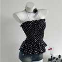 WDIRARA Women's Polka Dots Smocked Ruffle Tube Top Tie Front Strapless Bandeau Peplum Tops (Black, L)