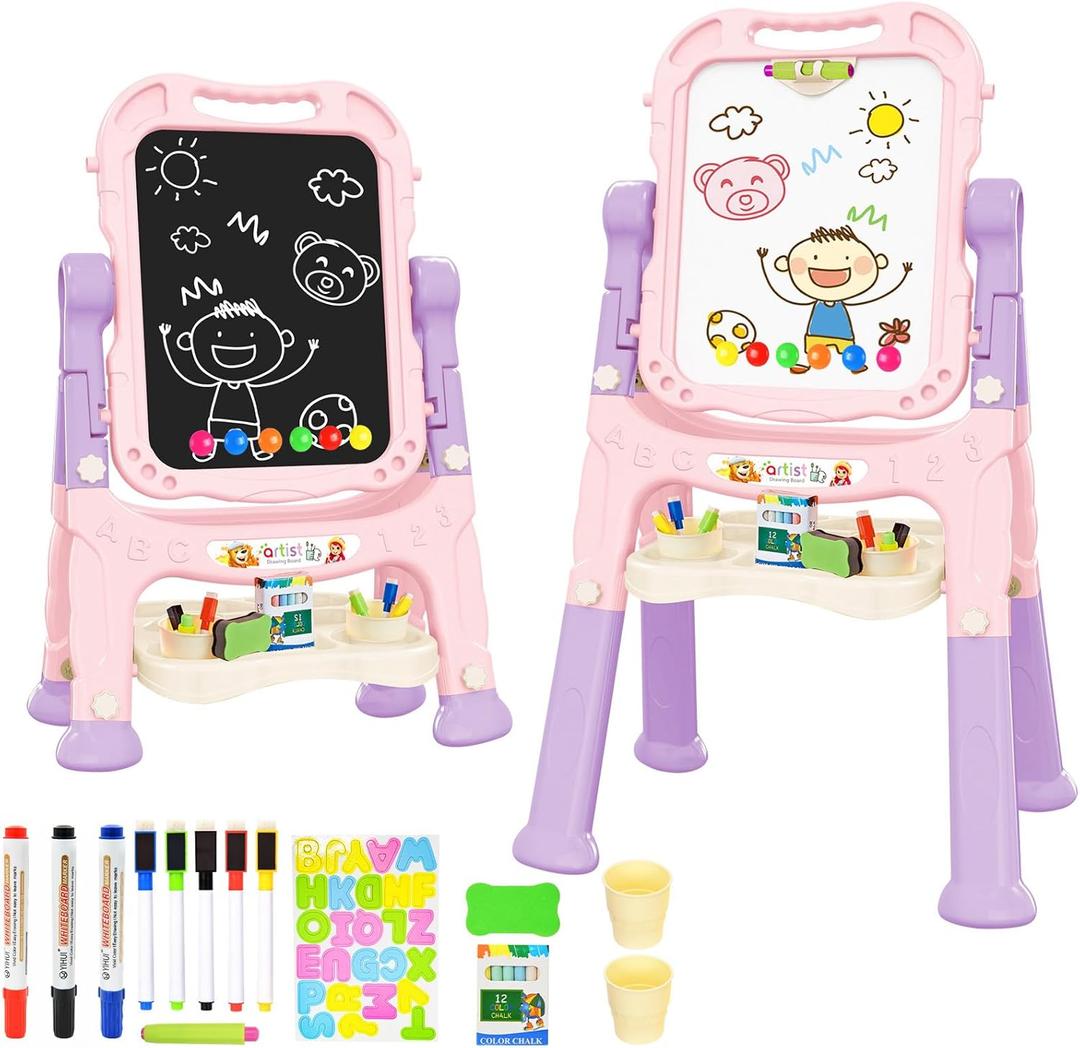 Amagoing Easel for Kids, Adjustable Standing Art Easel for Toddler, Double Side White Chalk Board with Painting Accessories, Birthday Christmas Gift for Little Girls and Boy Age 3 4 5, Pink