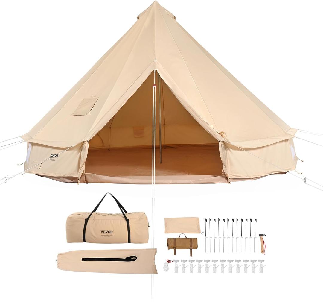 VEVOR Canvas Tent Bell, Yurt 4 Seasons for Camping with Stove Jack, Breathable Holds up to 4 People, Family Camping Outdoor Hunting Party (5m/16.4ft)