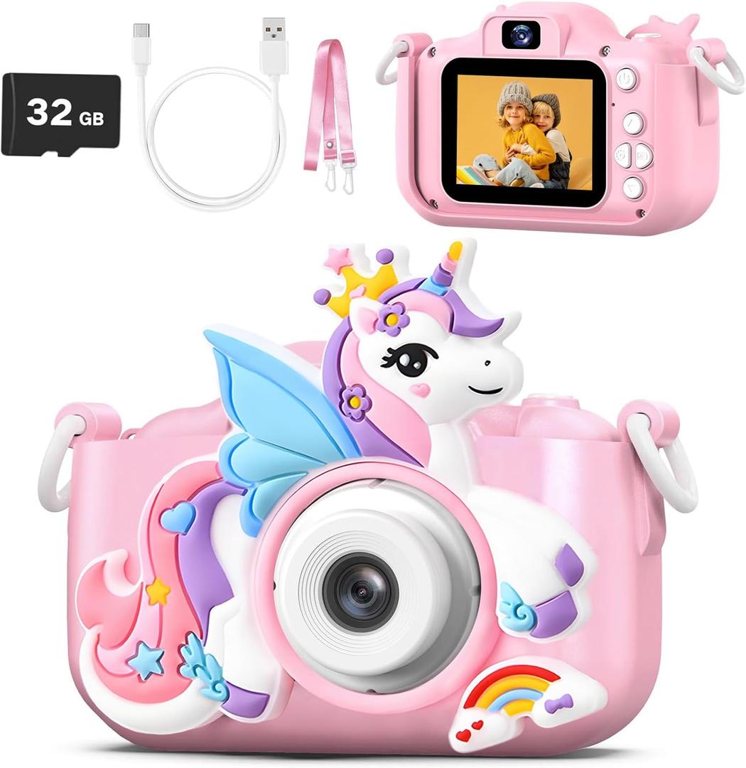 Unicorn Kids Camera Toys for Girls Age 3-8,LETONGJH HD 1080P Toddler Digital Video Camera with 32GB SD Card & Selfie Mode, Shockproof Pink Christmas Birthday Gifts for 4 5 6 7 Year Old