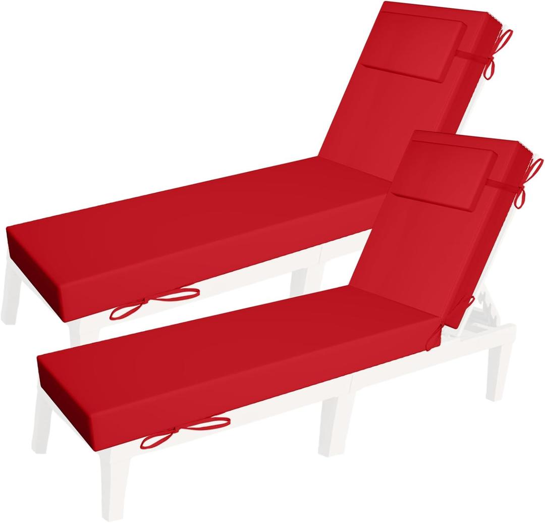 Chaise Lounge Cushions Outdoor Set of 2, Lounge Chair Cushion with Pillow,Waterproof Fade & Tear Resistant Sun Lounger Replacement Pad with Removable Cover for Patio Pool Deck Lawn(Red, 72x21x3 in)