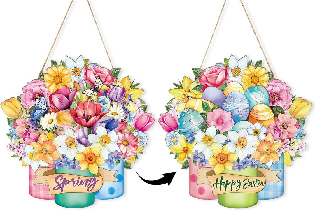 Easter Decoration Wood Spring Decoration Door Wall Signs Double-sided Printing, Mason Jar Wooden Wreaths Front Door Sign Egg Flower Ornaments Hanging Crafts for Spring Home Farmhouse Party Porch Wall Decor (Large)