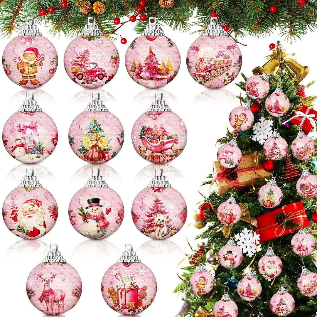 Outus 24 Pcs Christmas Tree Ornaments Ball Vintage Pink Christmas Decorations for Tree Vintage Style Santa Claus Snowman Hanging Ornaments Farmhouse Home Fireplace Decoration Holiday Party Favors