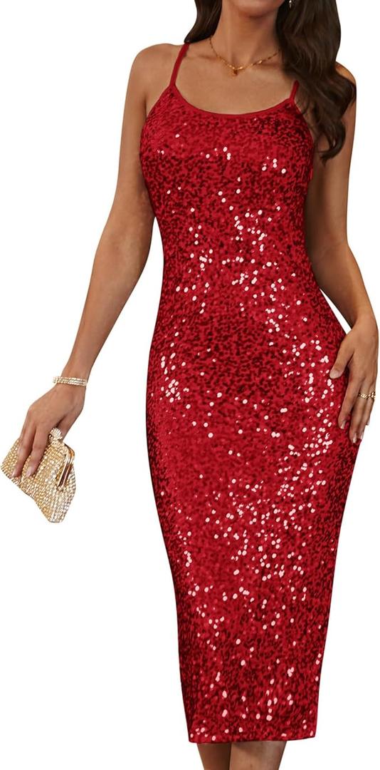 GRACE KARIN Womens Sequin Sparkly Dresses Formal Spaghetti Strap Midi Bodycon Dress Glitter Backless Wedding Cami Dress Slit (10)