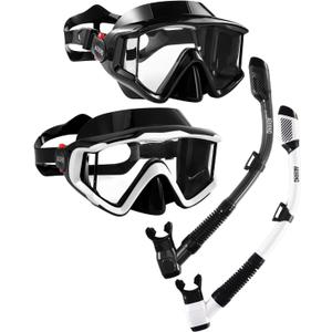 Aegend Snorkeling Gear for Adults Youth Kids, Dry Snorkel Set Panoramic View Enhanced Anti-Leak and Anti-Fog Technology, Adjustable Strap for Snorkeling Scuba Diving Swimming with Mesh Bag (2 PACK-Black & Black White)