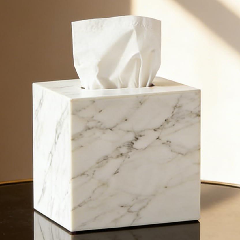 Natural Marble White Tissue Box Cover, Heavy Duty Nature Stone Tissue Box Holder, Elegant & Luxurious Grey Square Toilet Tissue Box Holder for Bathroom, Bedroom, Living Room, Office