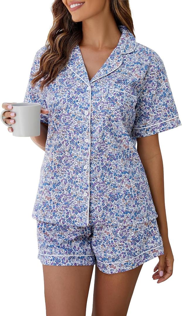 LUBOT 100% Cotton Pajamas for Women 2 Piece PJ Set Poplin Woven Button Down Short Sleeve Summer Sleepwear (Size L)