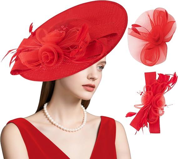 dressfan Wide Brim Fascinator Derby Hats for Women,20s Detachable Flower Hat with Headband for Derby Church Wedding Tea Party (Red)