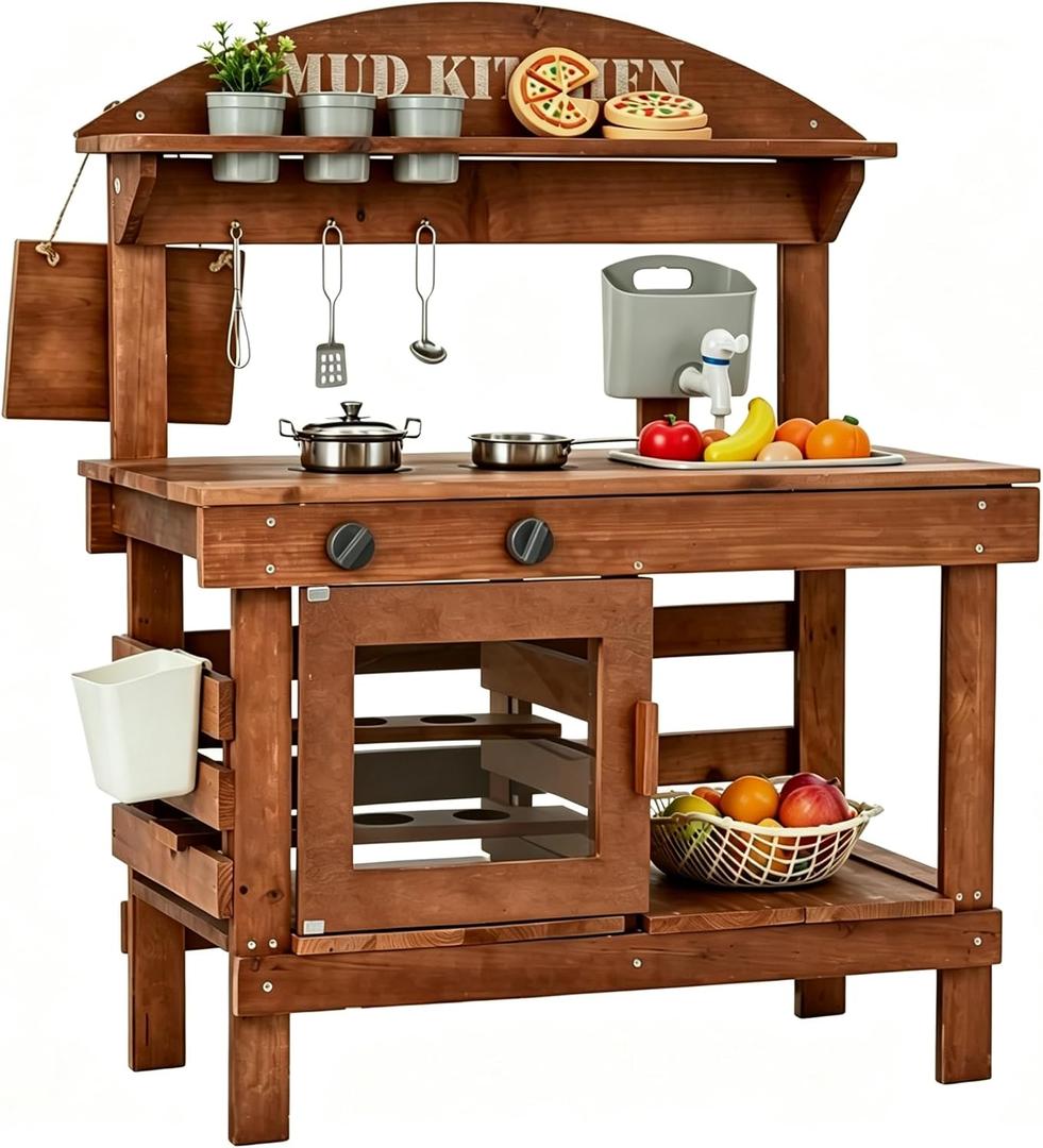 Kids Outdoor Mud Kitchen, Wooden Play Kitchen with Removable Water Sink, Faucet, Plants Observation Room, Backyard Toy Cooking Playset for Kids 36 x 14 x 36 inches