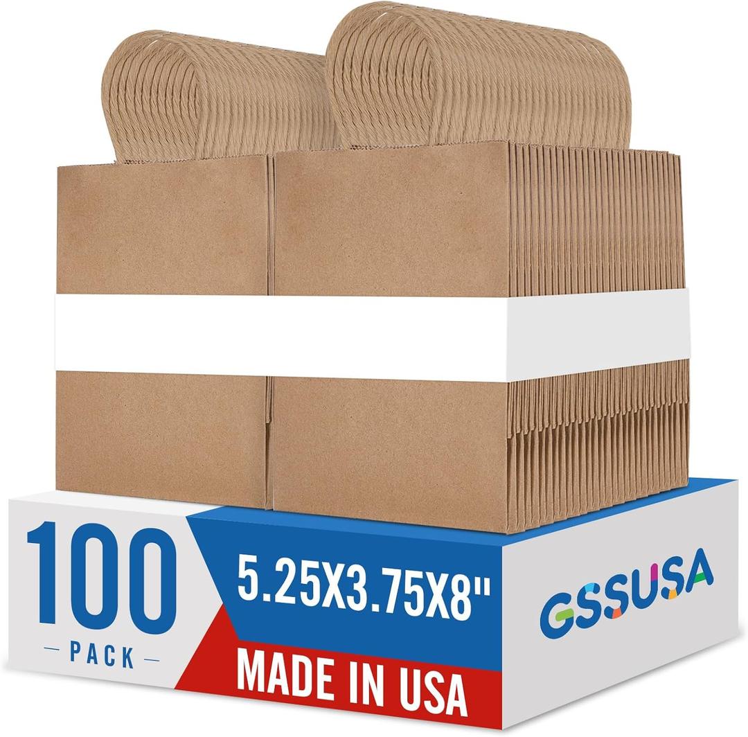 GSSUSA 100 Pack Paper Gift Bags 5.25x3.75x8 Inch Small Brown Paper Bags with Handles Bulk, Brown Kraft Bag for Small Business, Sturdy Grocery Retail Shopping Birthday Party Favor Craft Bag Made in USA