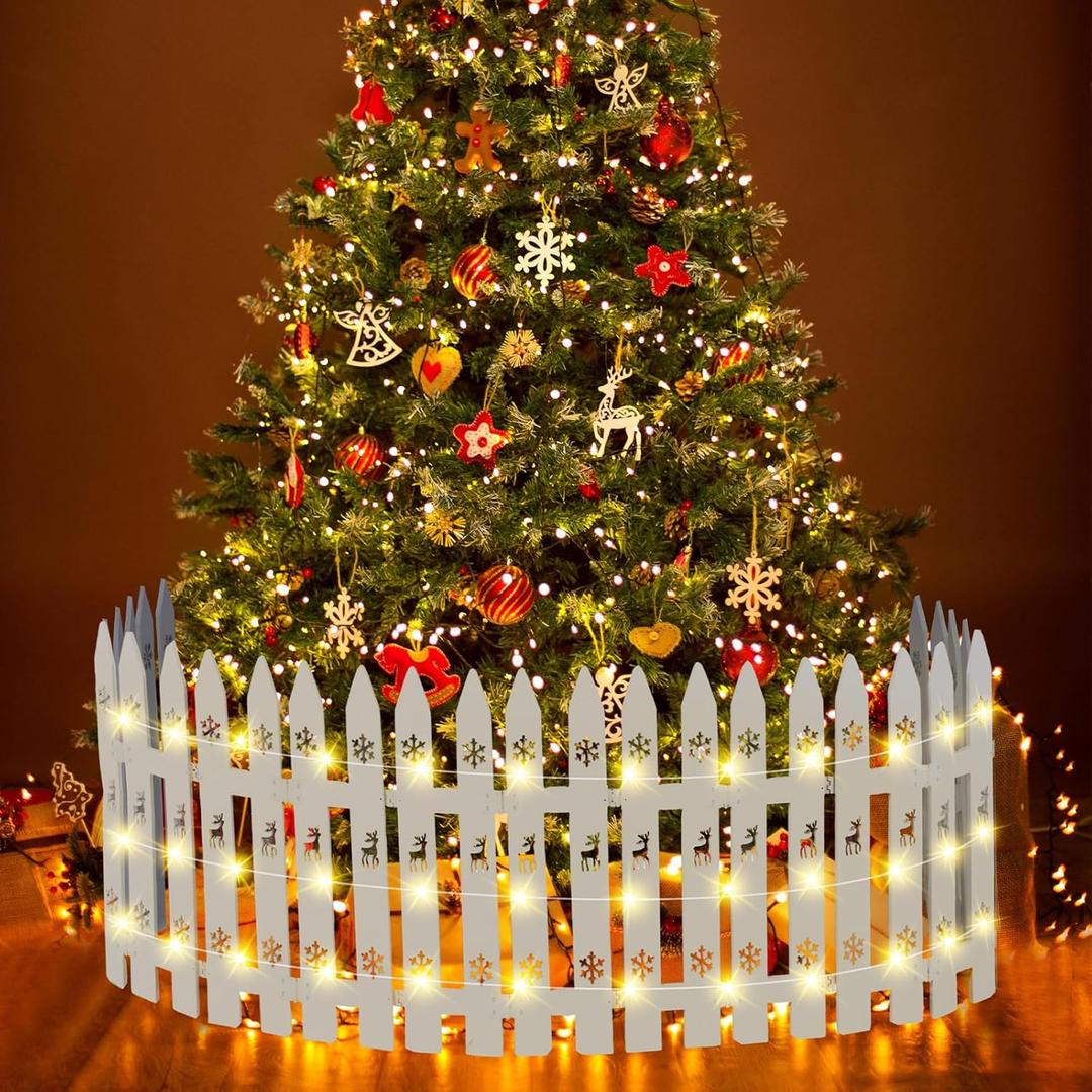 Sasylvia Christmas Wooden Tree Fence with LED String Light Xmas Wooden Picket Fence Holiday Indoor Garden Fence for Christmas Tree Garden Grass Lawn Party Decorations(Height 16 inch, Length 11 FT)