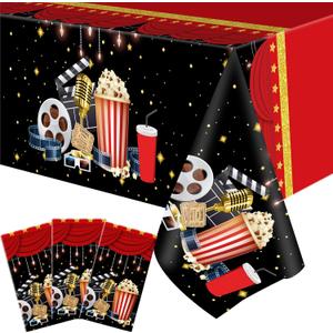 Buryeah 3 Pieces Movie Night Tablecloth Plastic Table Covers Movie Theater Table Cloth for Party Supplies Red Carpet Birthday Party Decor, 54 x 108 Inch