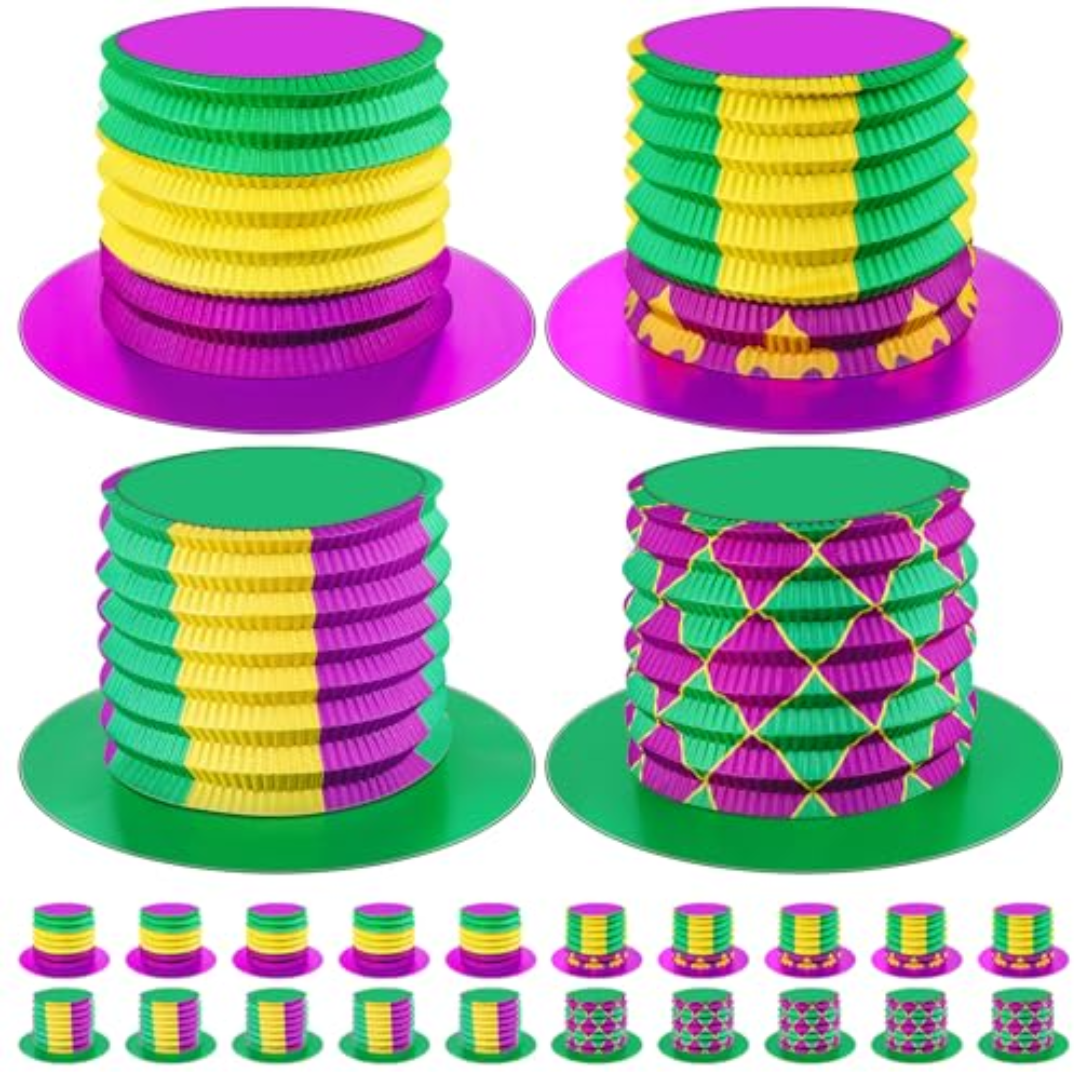Janmercy Mardi Gras Hats Accordion Party Top Hats Cardboard Foldable Paper Hats for Adults Carnival Costume Headwear 16 Pcs