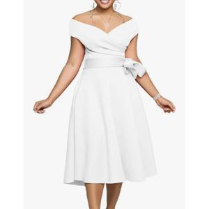 Women Off Shoulder Midi Dress Sexy Sleeveless Deep V Neck Belt Waist Party Wedding Evening Dresses with Pocket.Size XL