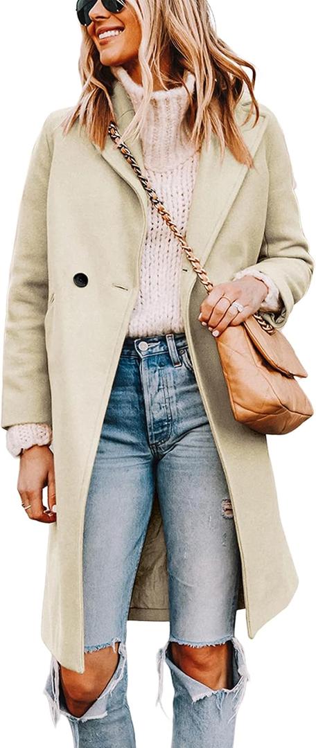 Tanming Women's Notch Lapel Double Breasted Wool Blend Mid Long Pea Trench Coat (Medium, Beige)