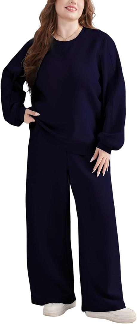Womens 2 Piece Outfits Sweatsuit Plus Size Oversized Fall Long Sleeve Crewneck Lounge Sets Wide Leg Pants Tracksuit (Navy Blue)