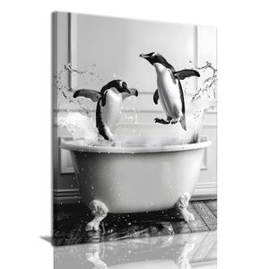 OIQArtOIQ Funny Bathroom Framed Wall Art Black and White Animal Canvas Wall Art Prints Penguin in Bathtub Pictures Wall Decor Modern Minimalist Humorous Artwork For Restroom
