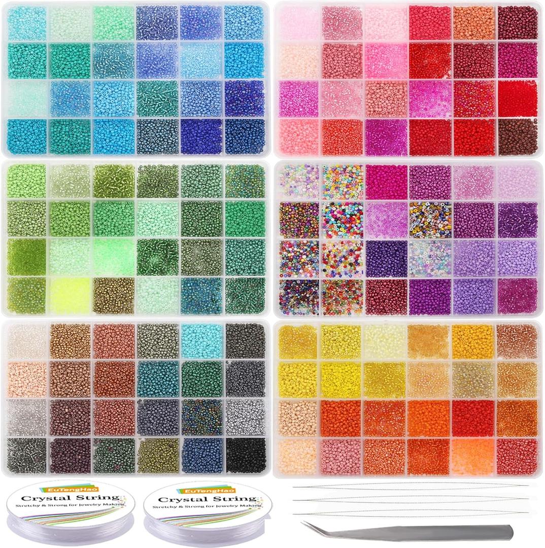 EuTengHao 57600pcs 2mm Glass Seed Beads Small Craft Beads for DIY Bracelet Necklaces Crafting Jewelry Making Supplies with Beading Needles Elastic Strings (144 Colors, 400Pcs Per Color)