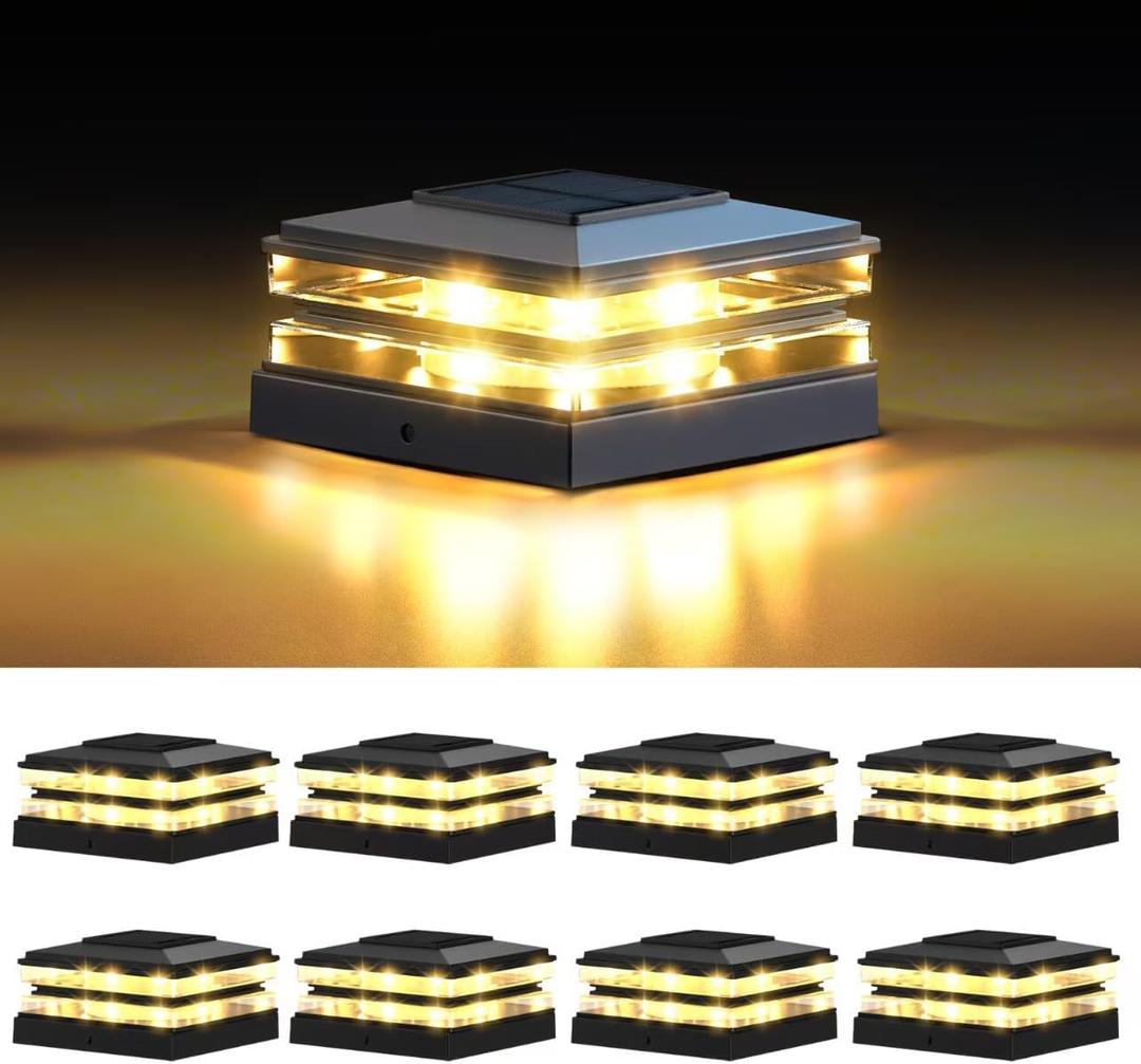 EXCMARK 4x4 Solar Post Cap Lights Outdoor Waterproof 8 Pack Fence Deck Post Lights with High-Brightness LEDs, Dual Light Modes Warm White & Cool White. (Classic Black, 8)