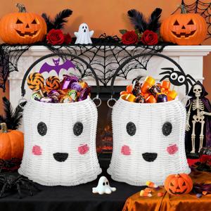 Handmade Ghost-Shaped Storage Basket, Cute Plush Cotton Rope Decorative Bin for Toys, Laundry, Blankets or Books, Soft Portable Woven Tote for Baby Nursery, Living Room, or Easter Gift Baskets (White), Medium (Pack of 2)