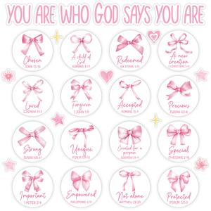 4 x Christian Bulletin Board Decorations Inspirational Bulletin Board Set Pink Bow God Says You are Religious Classroom Wall Decor VBS Motivational Cutouts for Sunday School Home Church Supplies