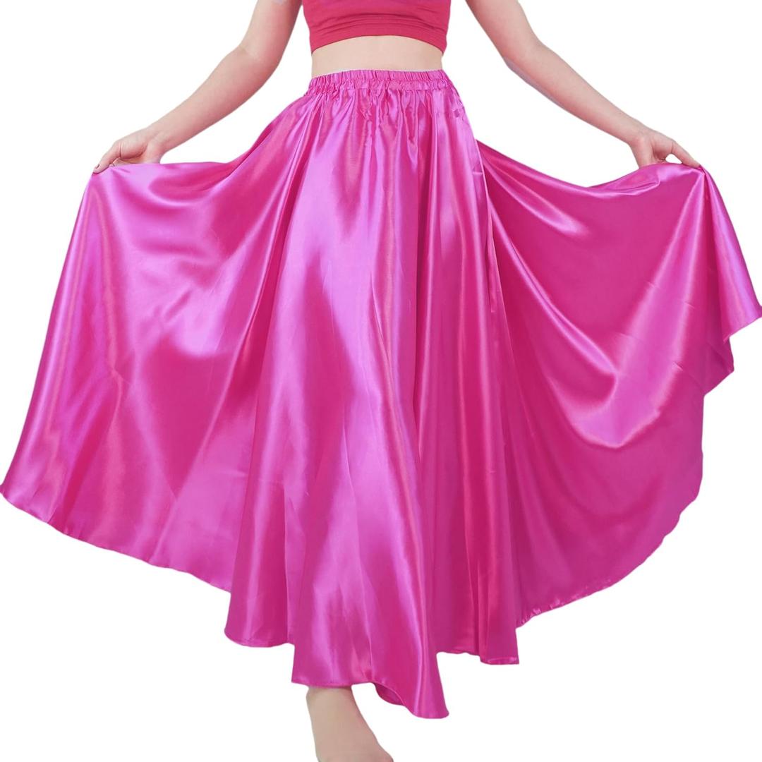 MUNAFIE Women's Long Maxi Dance Skirt - Satin Fairy Skirt for Praise & Cosplay Belly Dance Skirt Rose Red