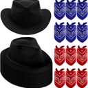 Haysandy 24 Pieces Western Cowboy Hat Set, Felt Cowboy Themed Party Hats with Paisley Bandanas for Kids Costume Party(Black, Red, Blue)
