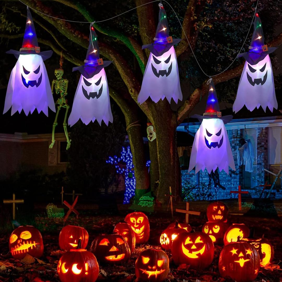 Halloween Decorations Outdoor,Hanging Ghosts String Lights,Glowing Ghost Witch Hat Halloween Ornaments Indoor Outside Lights Decorations for Home Tree Porch Garden Yard