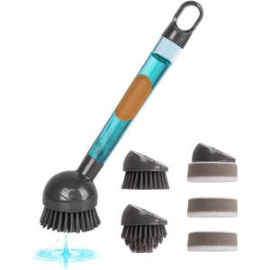 Soap Dispensing Dish Brush Storage Set with 360 Rotating Head, Kitchen Brush with 2 PCS Different Brush Heads & 3 PCS Sponges, Dish Brush Set with Handle for Dishes, Sink, Pans, Pots.