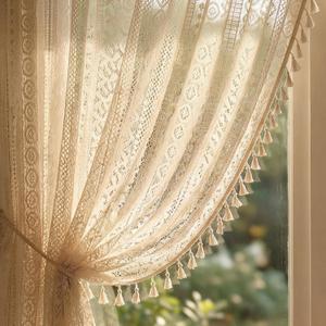 Molaxhome Bohemian Crochet Curtains Vintage Rod Pocket Curtains with Tassels Window Treatment for Living Room Farmhouse Bedroom Decoration beigecircle150x160 1pc