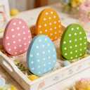 3 x 4 Pcs Easter Decoration Wooden Egg Table Tiered Tray Decor - 3.1"x3.9" Pastel Polka Dot Wood Egg Signs for Home Spring Party Centerpieces Kitchen Mantel Decor