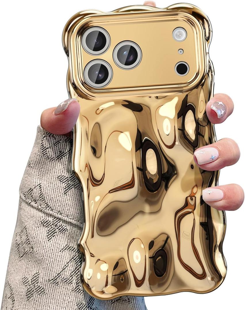 UEEBAI Ripple Case for iPhone 17 Pro Max, Cute Silver Cover Wave Shape for iPhone Case Pretty Aesthetic 3D Phone Cover, Water Ripple Shell 3D Chrome Design for Women and Girl, Gold
