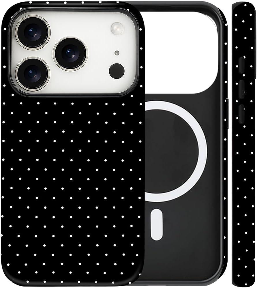 Magnetic for iPhone 17 Pro Case Cute Polka Dot Phone Case, Shockproof Slim TPU and Hard PC Protective Phone Cover Compatible with MagSafe Designed for Women Girls, Black