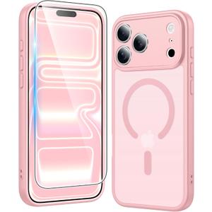 FNTCASE for iPhone 17 Pro Case: Matte Magnetic Phone Cases with Screen Protector Compatible with Magsafe Slim Anti Yellowing Rugged Shockproof Protective Translucent Cell Phone Cover (C-Pink)
