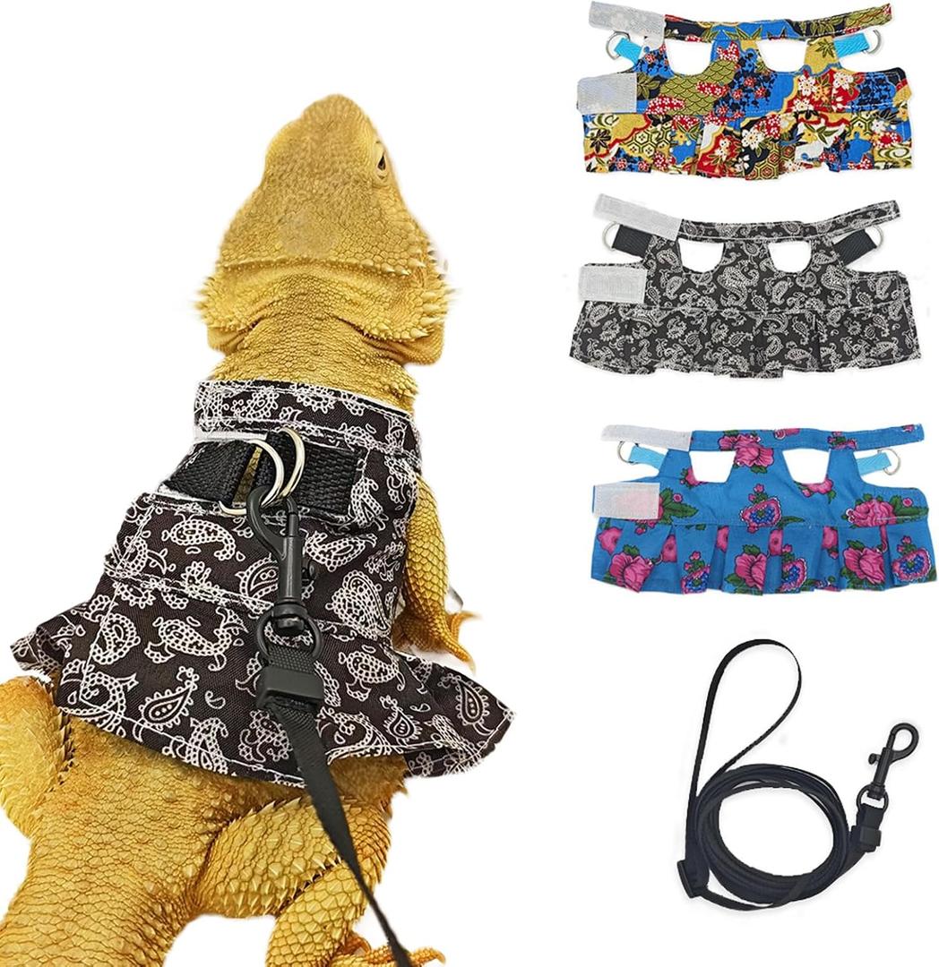 3 x Lizard Harness Dress and Leash, Adjustable Hamster Ferret Harness and Leash Set, No-Pull Walking Vest for Lizard Small Animal Gecko Chameleon (Black S