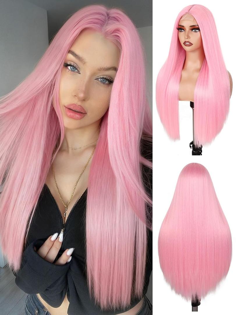FAVE 26 Inches Pink WigSynthetic Wig for Women Heat Resistant Long Pink Wig Middle Part Light Pink Wigs Natural Looking Party Wigs for Women Colorful Wigs for Daily/Party/Cospaly