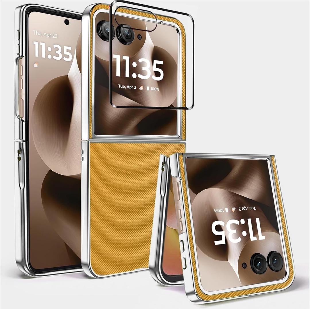 Leather case for Motorola Razr Ultra 2025,with [front screen privacy protection film]electroplating frame,full body protection non-slip and shockproof phone case,for Razr Ultra 2025 Case,Silver Gold