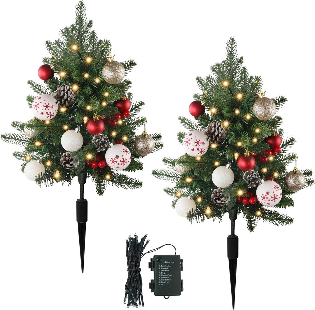 Sunnyglade 27" Set of 2 Artificial Outdoor Christmas Trees with 60 LED Lights, Faux Xmas Tree Decor with Ground Spike & 20 Ornaments, Lighted Fake Tree for Indoor Outdoor Christmas Decor