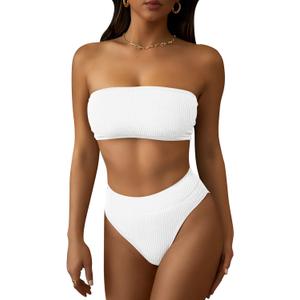 Pink Queen Women's Ribbed High Waisted Bikini Set Removable Strap Bandeau Swimsuit (Medium, 01 - White Ribbed Fabric)