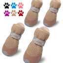 QUMY 4PCS Dog Shoes for Small Dogs, Hot Pavement Summer Puppy Dog Boots & Paw Protectors with Soft Anti-Slip Rubber Sole, Mesh Breathable Dog Booties for Hardfloors, Walking Running Khaki Size 3