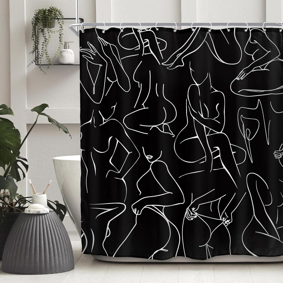 SVBright Black and White Shower Curtain 72Wx72L Inch Cute Modern Abstract Women Minimalist Line Art Ladies Aesthetic Creative Sketch 12 Pack Hooks Polyester Waterproof Fabric Bathroom Bathtub Panels (72"W x 72"L (Pack of 1), A-black)