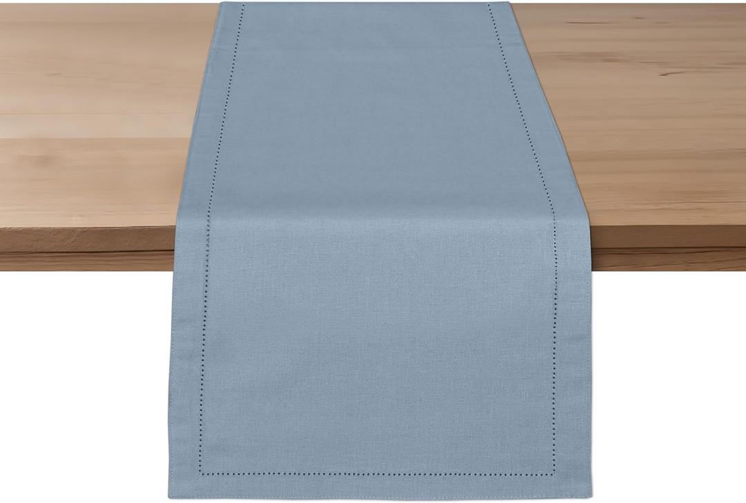Ruvanti Linen Table Runner 108 Inches, Classic Hemstitch, Washable, Reusable, Non-Slipping, Stain Resistant- Perfect for Parties, Weddings, Dinners, Thanksgiving, Christmas, Indoor use  Grey (108"x14" - Linen Cotton Blend)