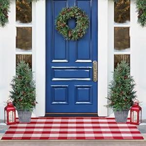 Christmas Red and White Plaid Rug 3 x 5 Ft, Hand-Woven Indoor/ Outdoor Layered Cotton Blend Buffalo Plaid Rug, Washable Front Door Mat, Perfect for Porch, Living Room, Entryway