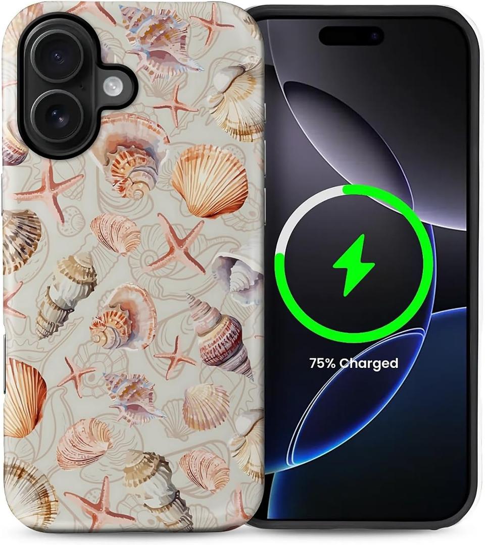 Case for iPhone 16 [Compatible with MagSafe], Matte Soft Silicone + Hard PC Anti-Scratch Shockproof Protective 2-in-1 Case for Women Men - Shell Starfish