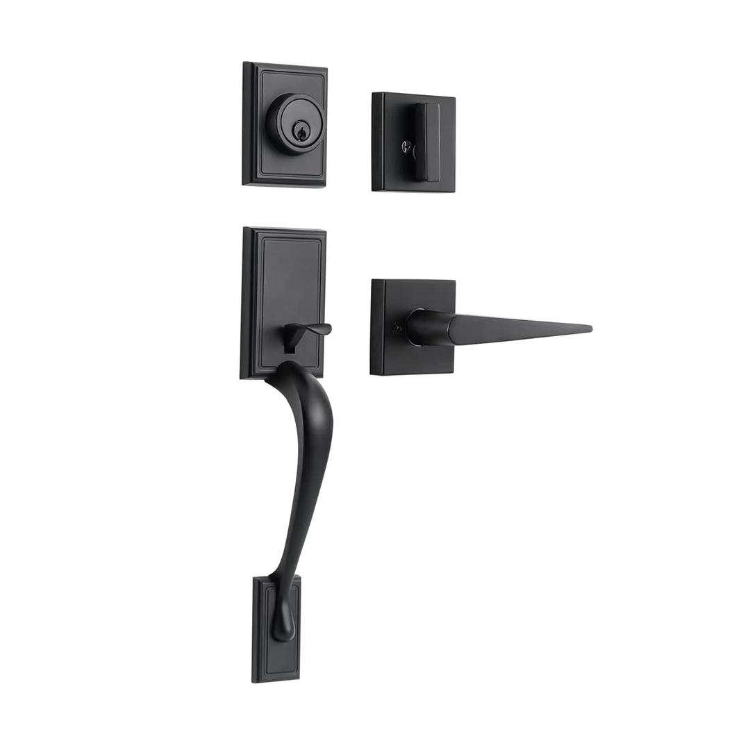 NeuType Front Door Handle Set Entrance Door Lock Set Heavy Duty Entry Handle Set with Lock, with Single Cylinder Deadbolt and Lever Handle, Compatible with Right & Left Handed Doors, Matte Black