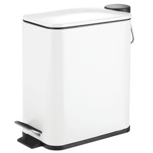 mDesign Slim Metal Rectangle 1.3 Gallon/5 Liter Trash Can with Step Pedal, Easy-Close Lid, Removable Liner - Narrow Wastebasket Garbage Container Bin for Bathroom, Bedroom, Kitchen - Matte White