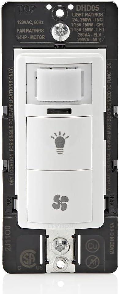 Leviton Dual Combination Humidity Sensor with Separate Light Switch, Automate Bathroom Exhaust Fan, Air Circulation, Moisture Control, Single Pole/Single Pole, HP, DHD05-1LW, White